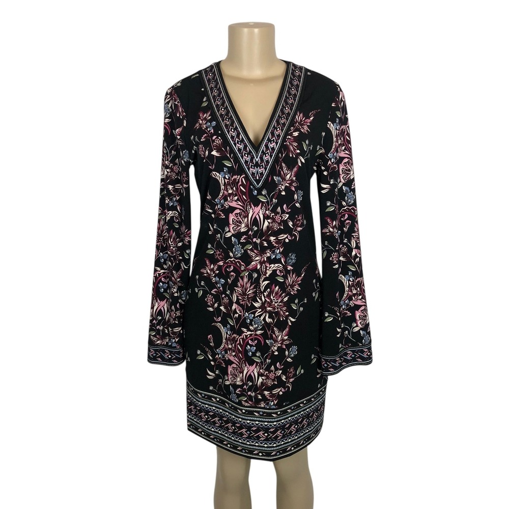 WHBM Embroidered Floral Print Flare Sleeve Boho VNeck Mini Dress Small Party 70s